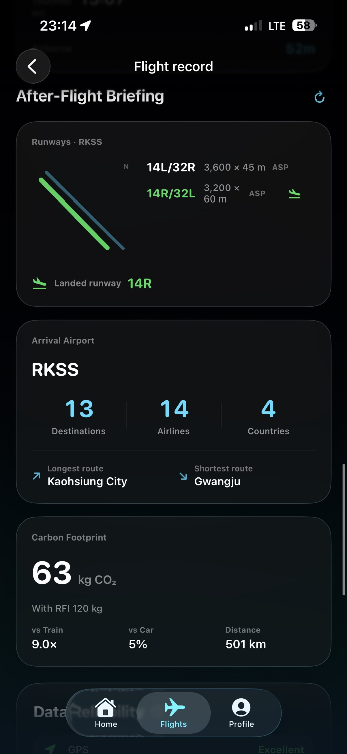 Cockpit Log after-flight briefing showing the detected landing runway 14R at RKSS