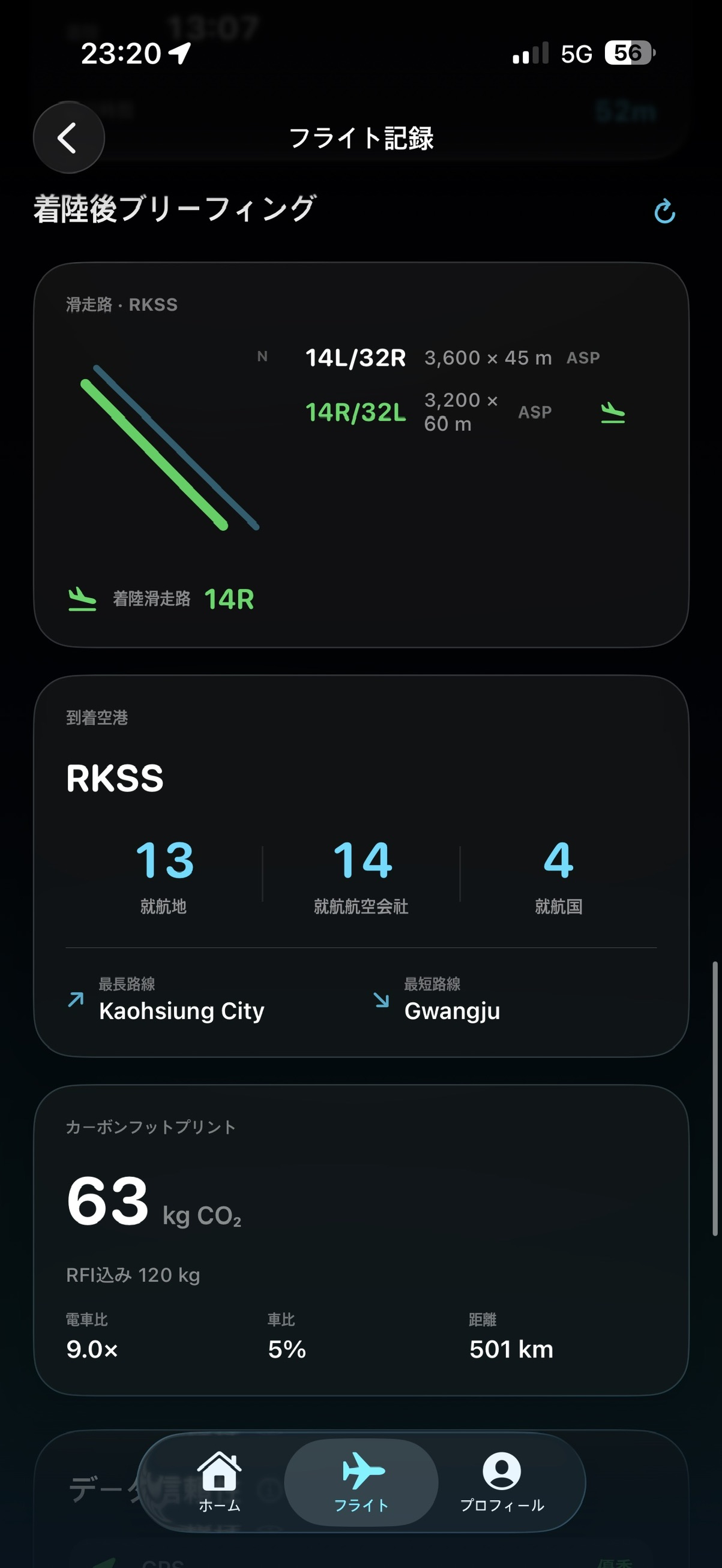 RKSSへの着陸後に滑走路14Rを表示するCockpit Logのブリーフィング画面